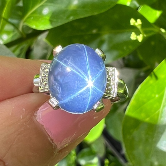 VINTAGE 10K WHITE GOLD SYNTHETIC STAR BLUE SAPPHIRE CATSEYE SPINEL CABOCHON RING - Picture 13 of 16